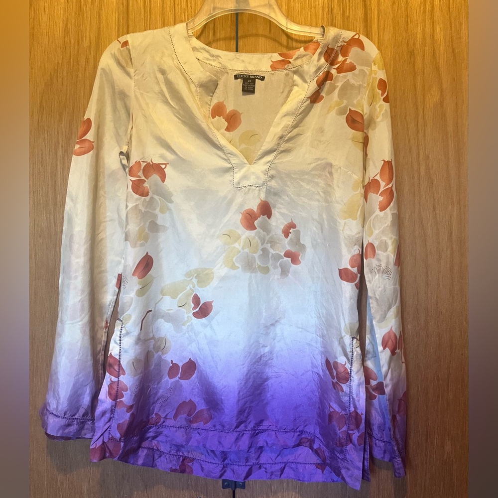 Lucky Brand Cream to Purple Ombre Floral V-Neck Long Sleeve Top